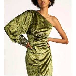 Nirmooha Anthropologie Green Velvet One Shoulder Beaded Dress